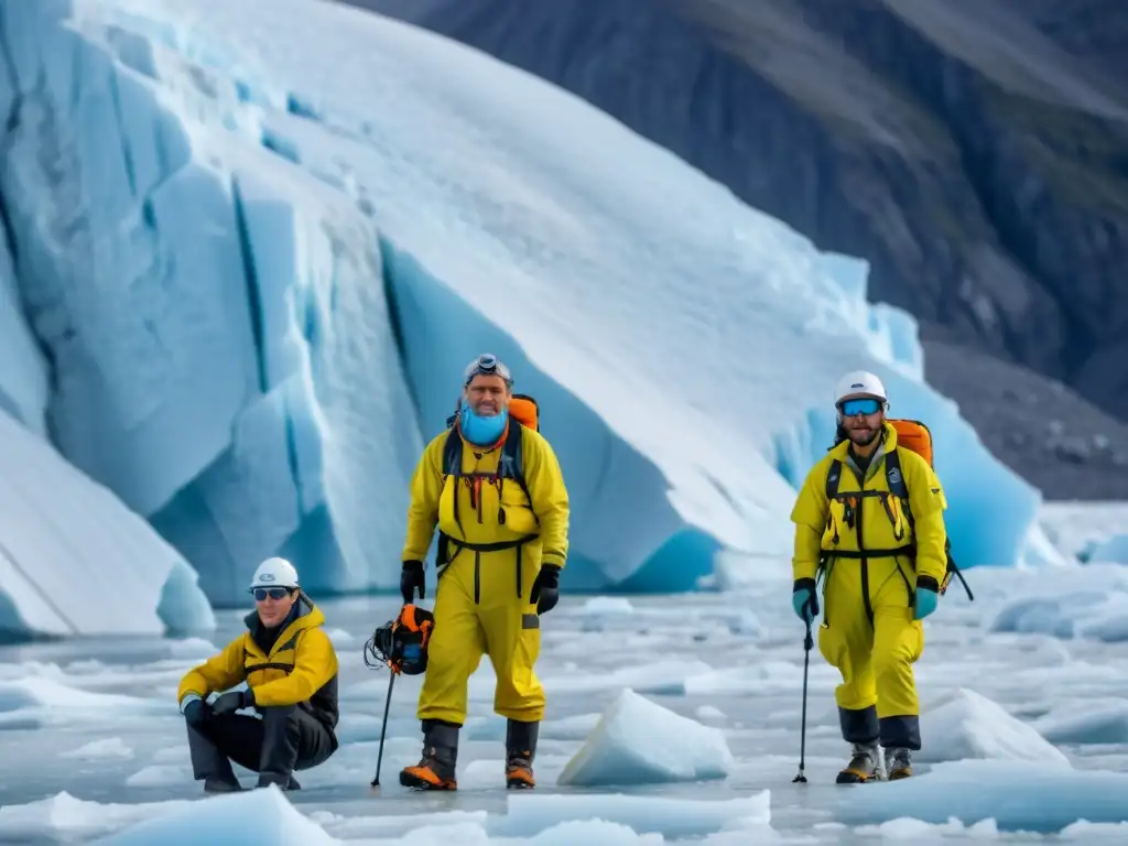 Equipo de científicos y voluntarios en una expedición en un glaciar, midiendo el impacto del cambio climático