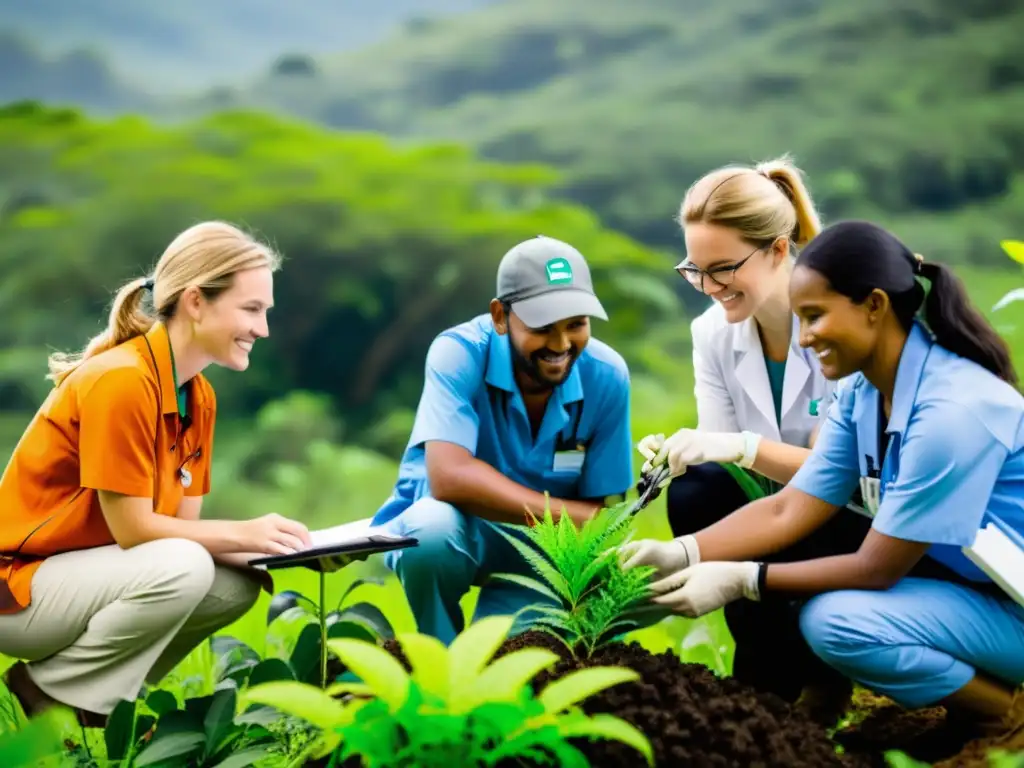 Un equipo de científicos y voluntarios colaboran en la naturaleza, recopilando datos y trabajando en la conservación