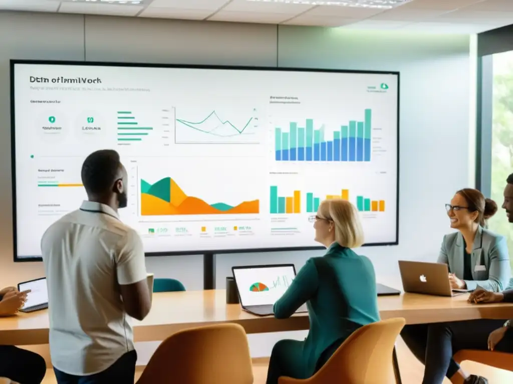 Un equipo comprometido analiza datos en pantallas, buscando formas de mejorar estrategias con dashboards efectivos para ONGs