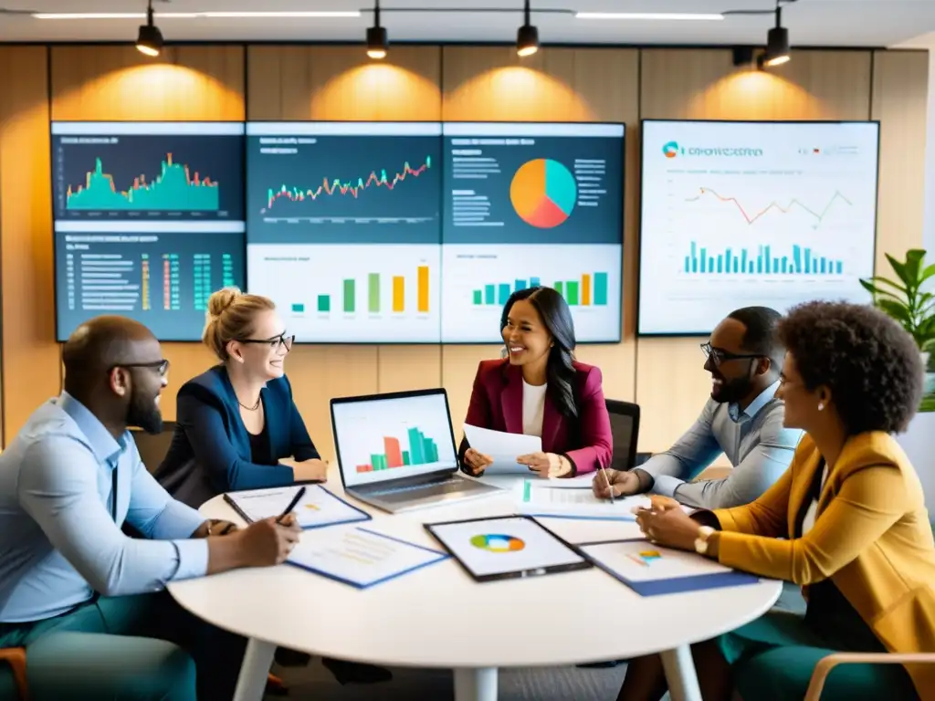 Equipo apasionado interpreta datos en moderna oficina Un equipo comprometido de ONGs colaborando en un espacio moderno, usando visualización de datos para ONGs con pasión y determinación