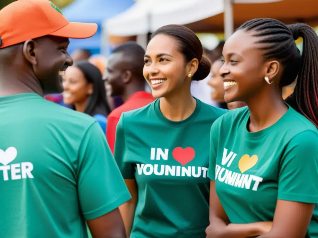 Voluntarios apasionados conectando con la comunidad en evento local Un equipo comprometido de voluntarios interactuando con la comunidad en un evento local, transmitiendo conexiones genuinas