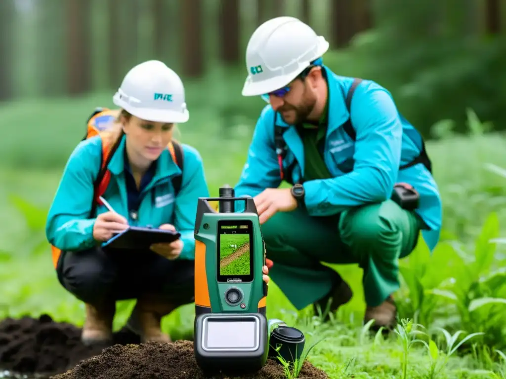 Un equipo de consultores ambientales midiendo indicadores de impacto ambiental para ONGs en el campo, mostrando profesionalismo y pasión