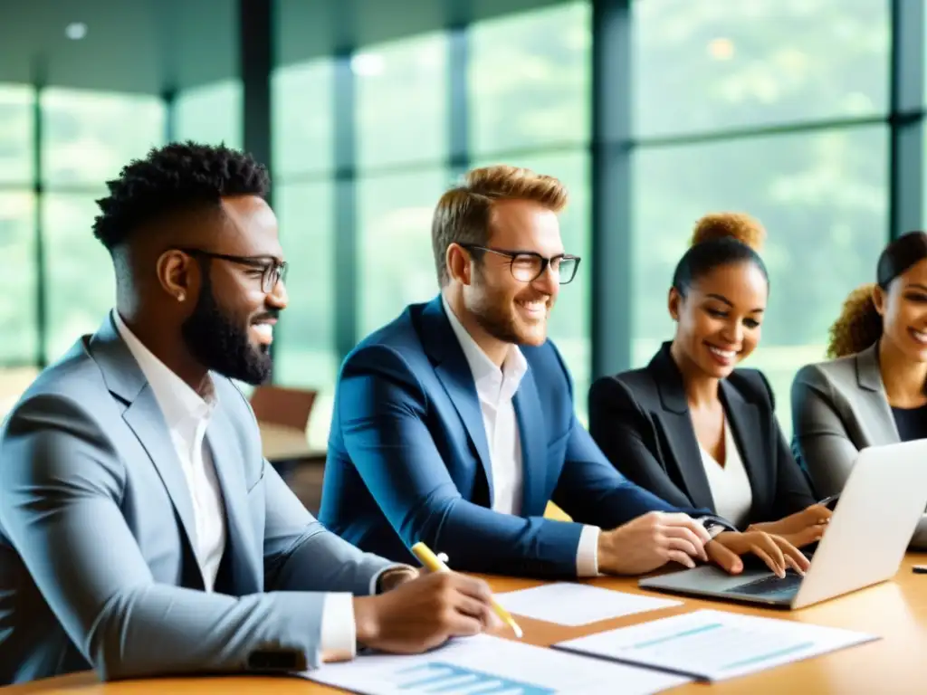 Equipo de Consultores Financieros Analizando Informes y Gráficos Un equipo de consultores financieros analiza indicadores financieros para ONGs en una sala luminosa, transmitiendo profesionalismo y colaboración