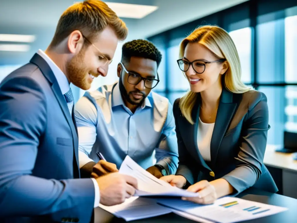 Un equipo de contadores y profesionales financieros examina y organiza registros financieros en una oficina moderna