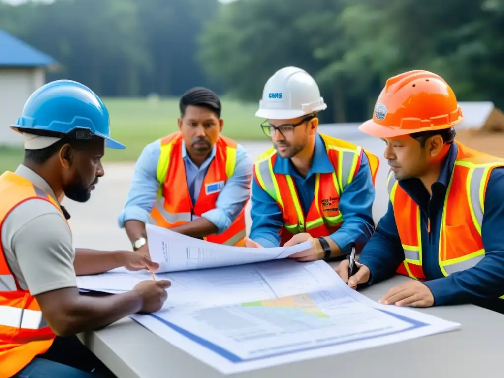 Plan de emergencia: trabajadores y voluntarios unidos en acción Equipo de ONG planificando preparación para contingencias y riesgos en ejercicio de rescate de comunidad