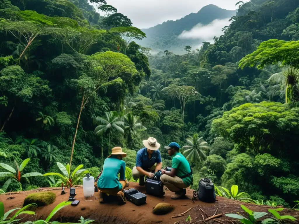 Un equipo diverso de activistas y científicos realiza mediciones de impacto en proyectos ambientales en una exuberante selva