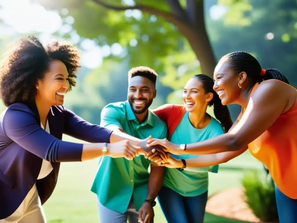 Equipo diverso de ONG colabora al aire libre, irradiando energía y camaradería para mejorar el equilibrio vida laboral ONG