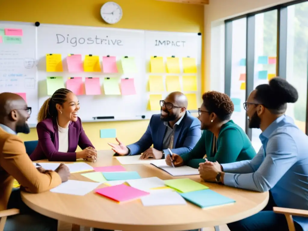 Equipo diverso en animada discusión sobre estrategias exitosas para ONGs, rodeados de diagramas y postit notes coloridos