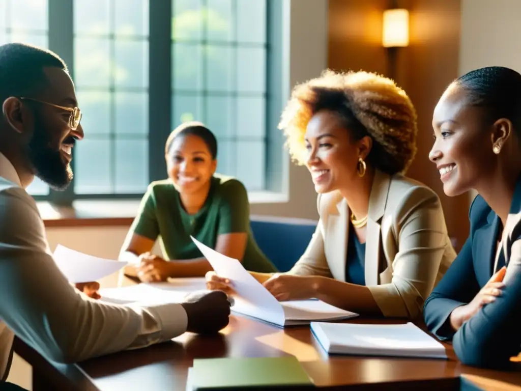 Conversación apasionada para presupuesto participativo Equipo diverso en una animada reunión para la elaboración de presupuestos participativos en una organización sin fines de lucro
