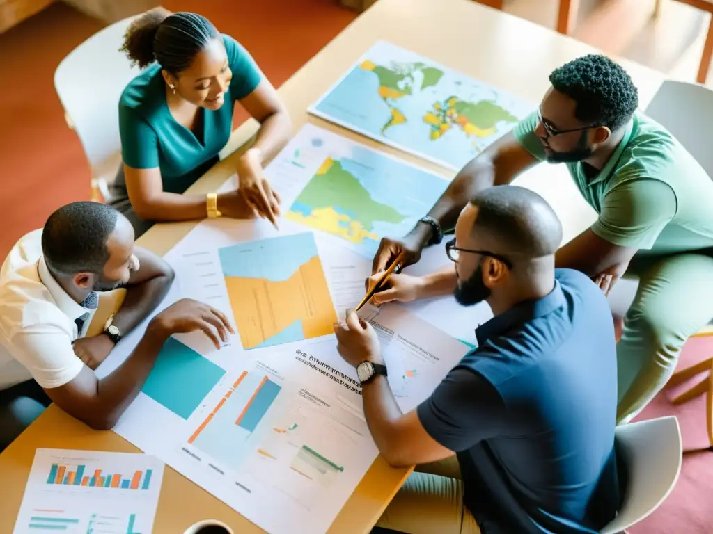 Un equipo diverso y apasionado colabora en estrategias de financiamiento para proyectos sociales, en un ambiente cálido y lleno de luz natural