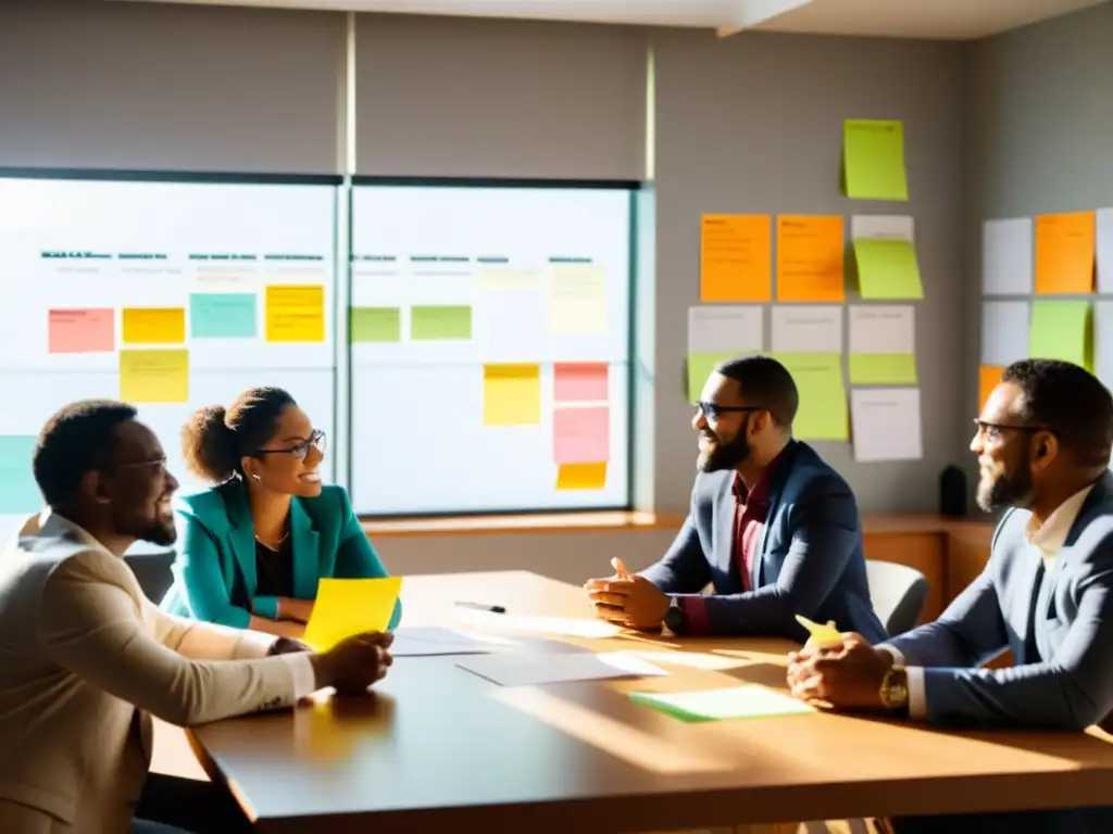 Un equipo diverso y apasionado discute estrategias y cronogramas efectivos para proyectos ONGs, inmersos en una planificación meticulosa