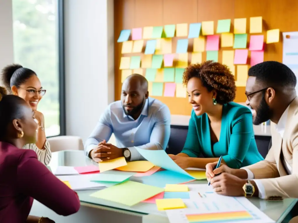 Un equipo diverso y apasionado discute estrategias para ONGs, rodeado de gráficos y notas adhesivas, con determinación y colaboración en sus rostros