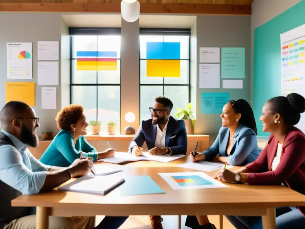 Equipo diverso y apasionado colabora en crear ingresos para ONGs, llenando la sala de energía e innovación