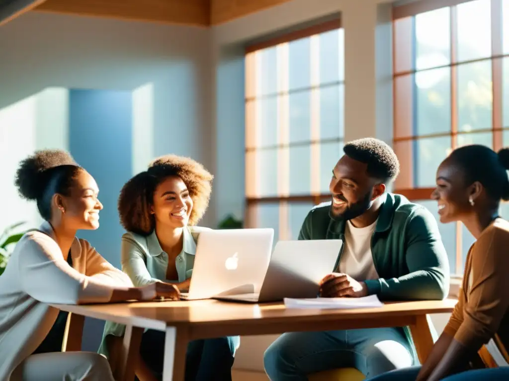 Un equipo diverso y apasionado colabora en un proyecto social, mostrando unidad y determinación