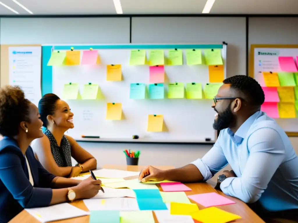 Un equipo diverso y apasionado colabora en la gestión ágil de proyectos ONGs, compartiendo ideas y trabajando en un ambiente de colaboración vibrante