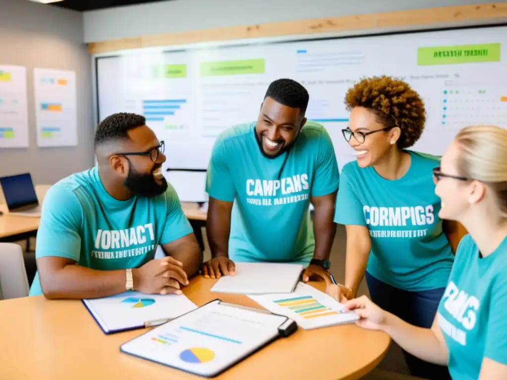 Un equipo diverso y apasionado de voluntarios colabora en una oficina iluminada, discutiendo estrategias de marketing para ONG