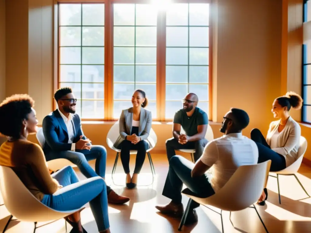 Equipo diverso en círculo, generando estrategias atracción talento ONG con determinación y pasión, iluminados por la luz del sol