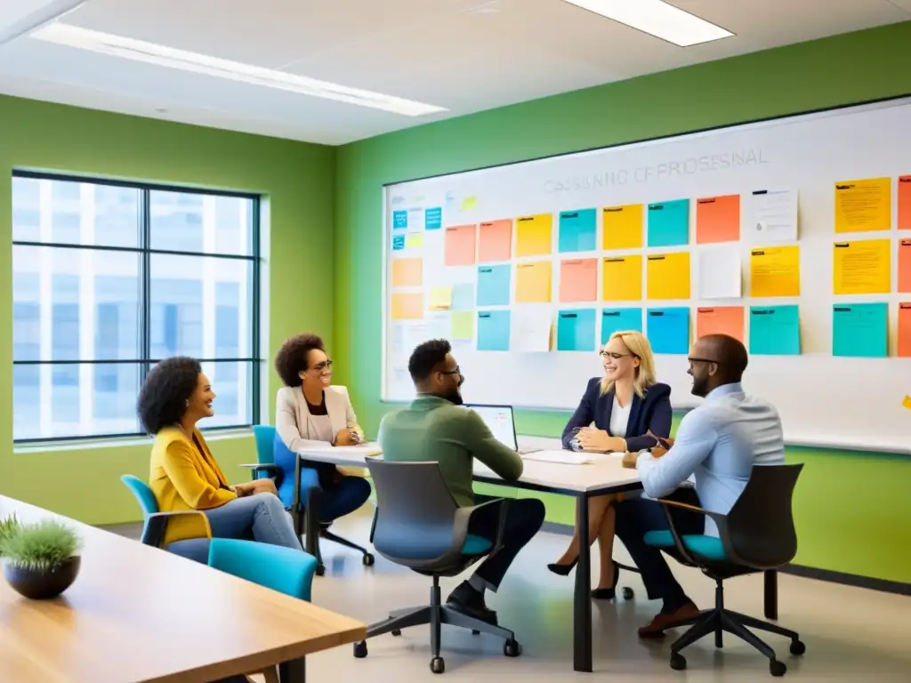 Un equipo diverso y colaborativo discute ideas en una oficina luminosa