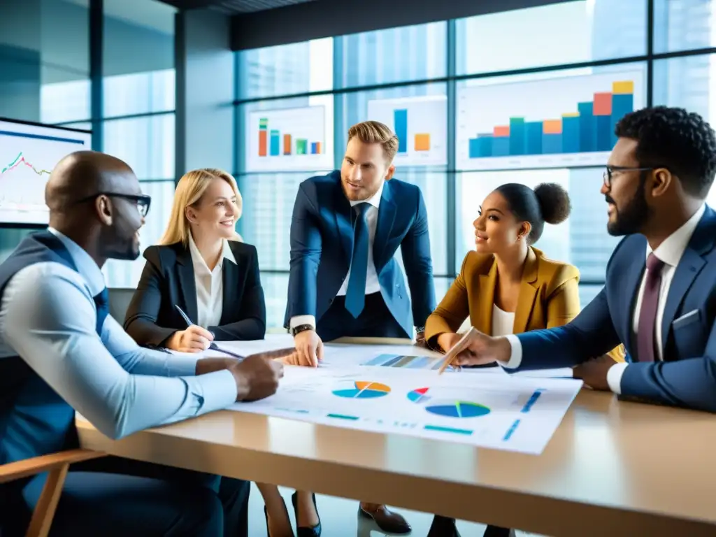 Un equipo diverso y comprometido discute datos financieros en una oficina moderna, iluminada por luz natural