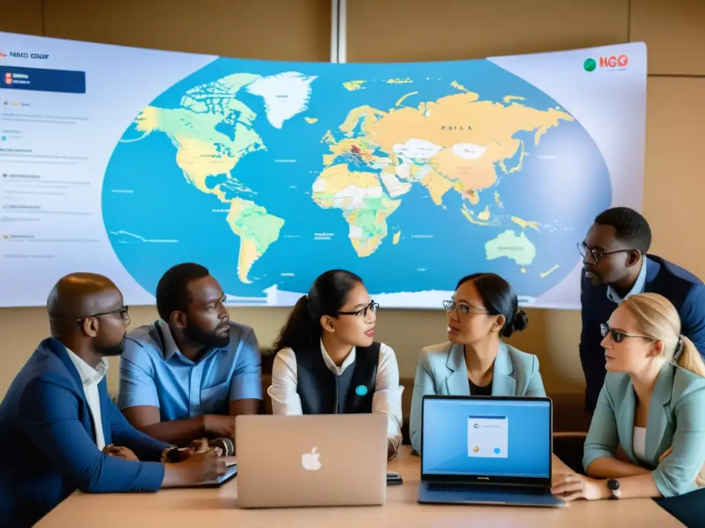 Equipo diverso de ONG trabajando en crisis, rodeados de mapas, laptops y dispositivos de comunicación