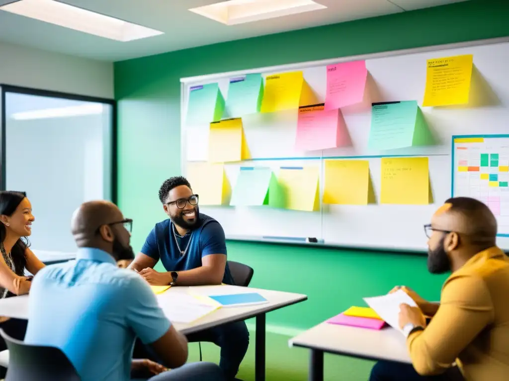 Equipo diverso promoviendo cultura innovación ONG con dinamismo y creatividad en reunión colaborativa