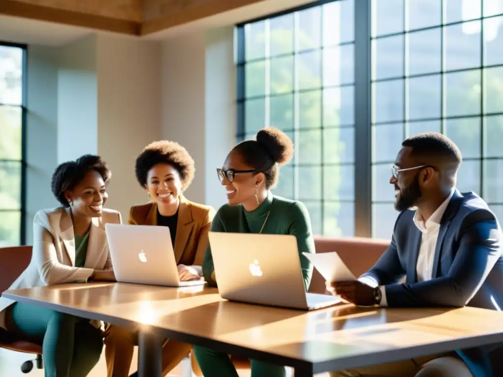 Un equipo diverso revisa datos en laptops alrededor de una mesa, con luz solar que crea una atmósfera de colaboración