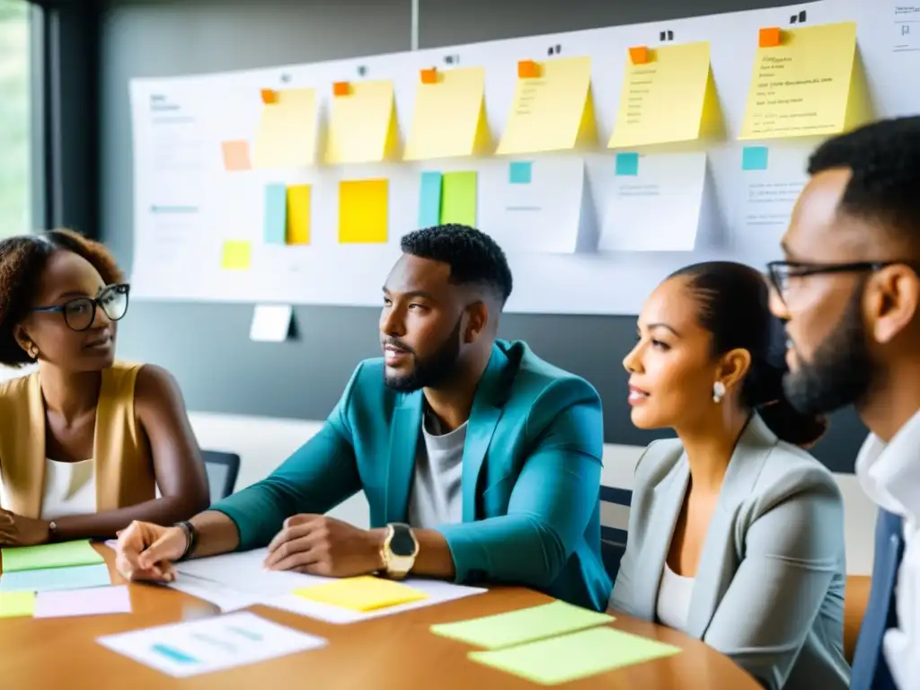 Equipo diverso colaborando para crear dirección estratégica ONG, con gráficos y post-it en mesa iluminada por luz natural