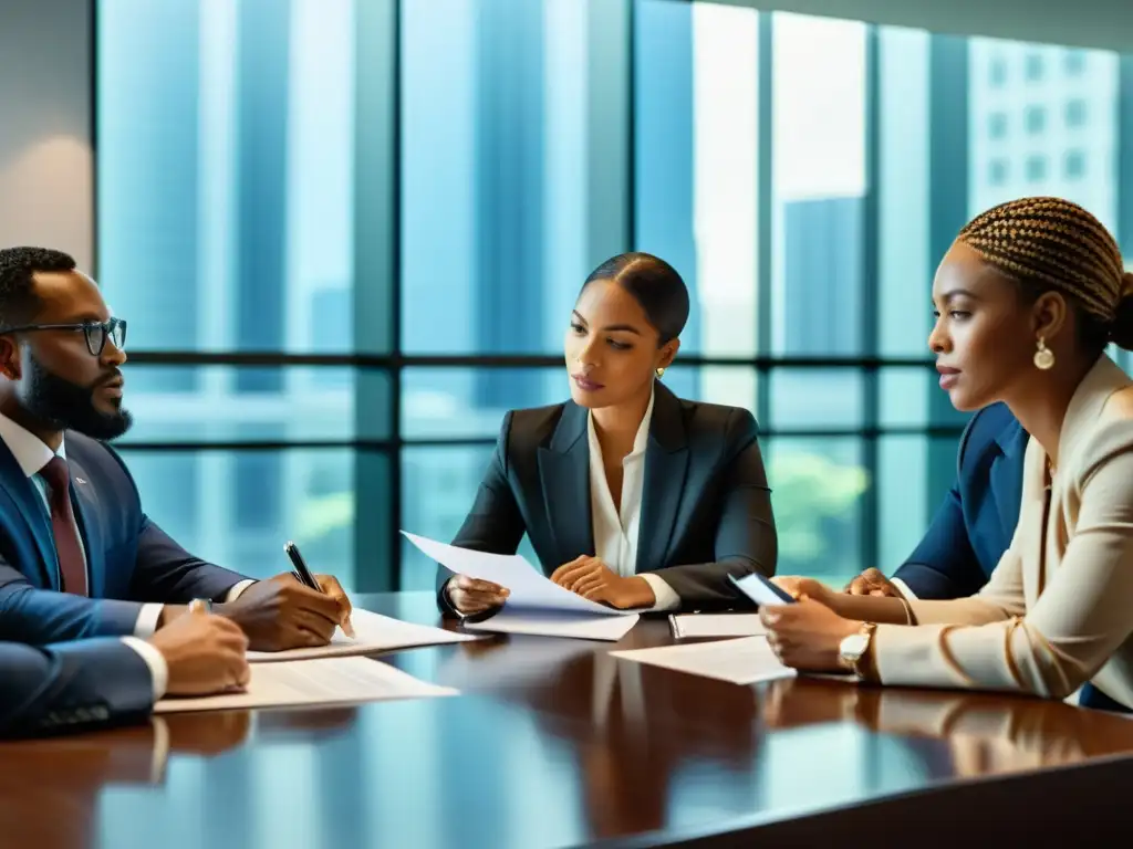 Un equipo diverso revisa documentos legales y discute requisitos legales para ONGs en una sala iluminada, mostrando profesionalismo y determinación