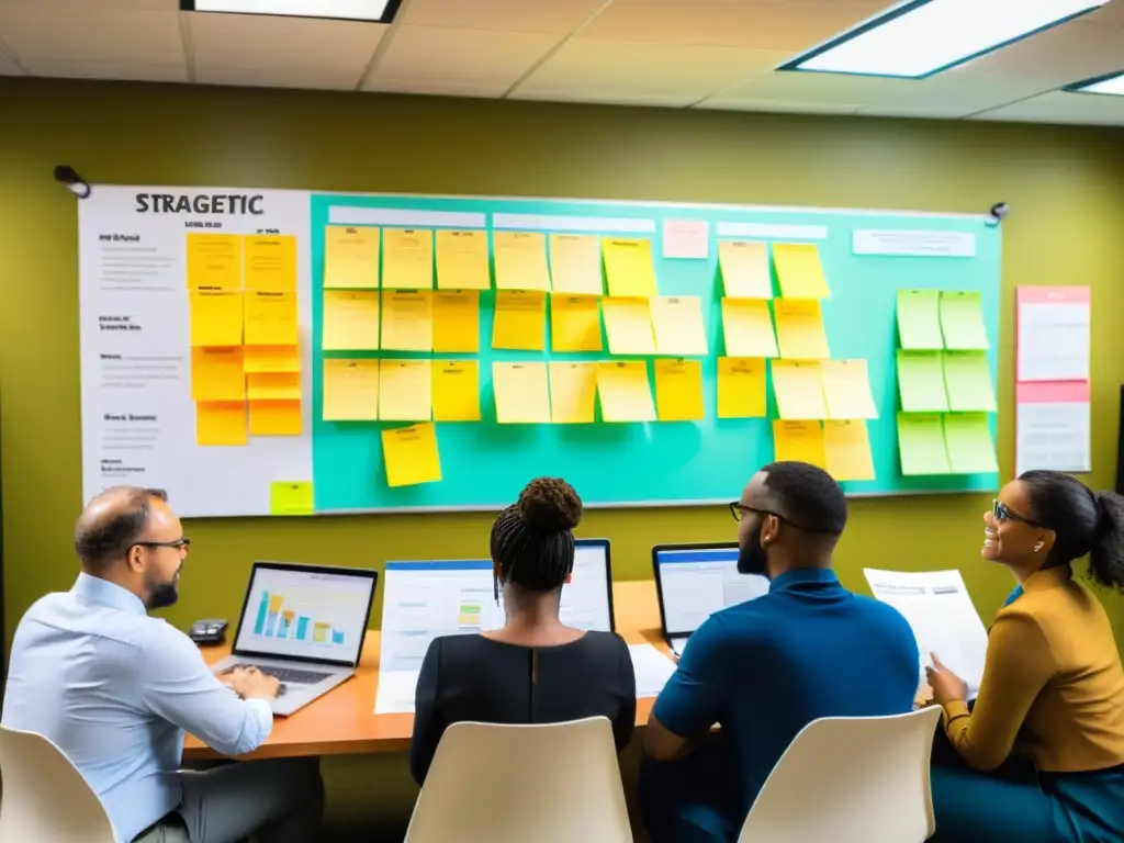 Equipo diverso colabora en la implementación efectiva de planes estratégicos ONGs, con gráficos y postit coloridos en la pared