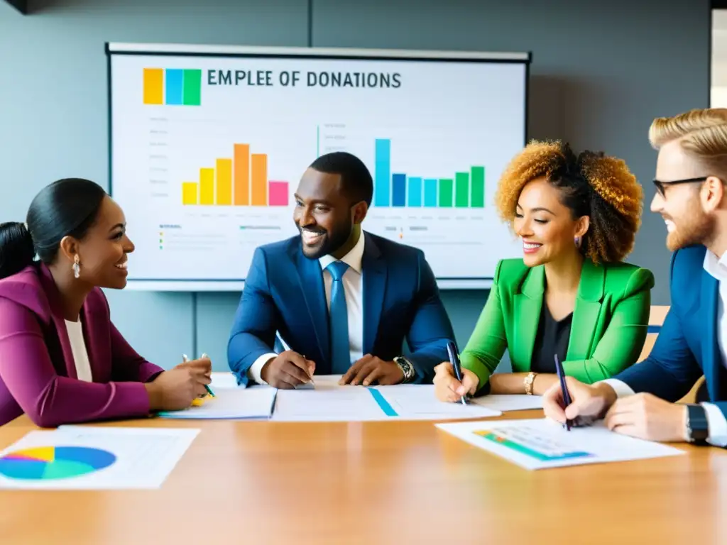 Un equipo diverso de empleados en una oficina moderna discute el impacto de los fondos de donación de empleados en ONG