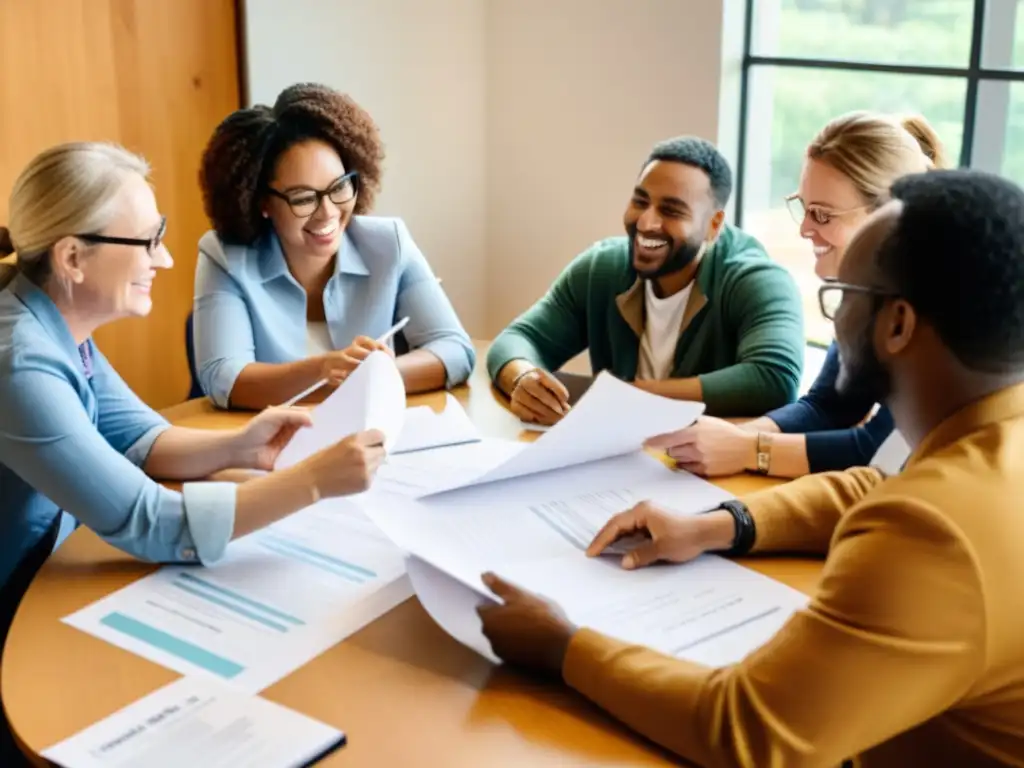 Equipo diverso colaborando con entusiasmo para mejorar la colaboración y el trabajo en una ONG