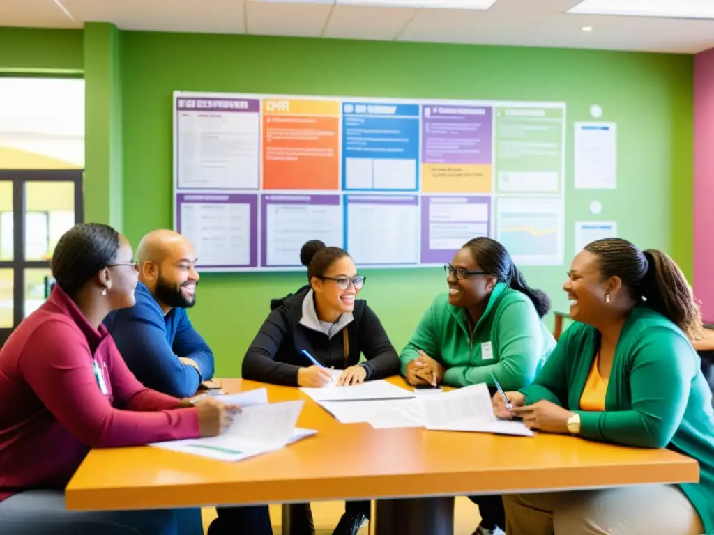 Reunión comunitaria para presupuesto inclusivo Equipo diverso revisa con entusiasmo y colaboración propuestas de presupuestos participativos para organizaciones sin fines lucro