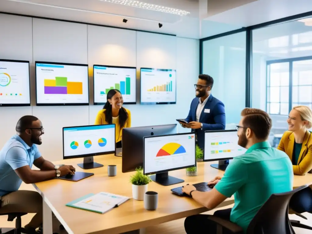 Equipo diverso moderniza ONG con innovación Un equipo diverso colabora con entusiasmo en herramientas digitales para ONG 2023, en una oficina moderna y vibrante