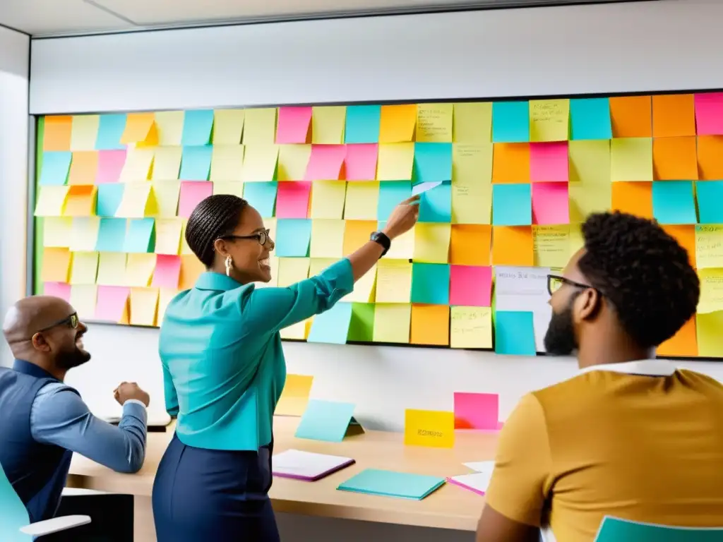 Equipo diverso en espacio colaborativo, con Postit, tecnología e intercambio creativo en proyectos de innovación social ONGs