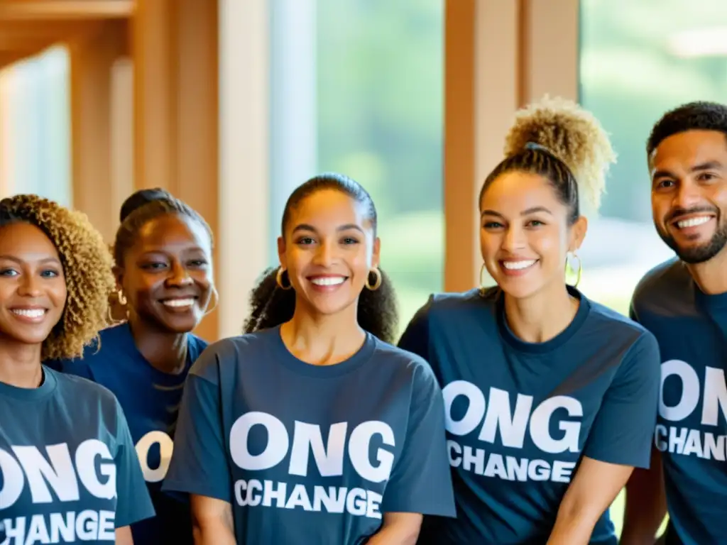 Equipo diverso de ONG implementando estrategias de cambio organizacional, trabajando juntos para generar impacto comunitario positivo