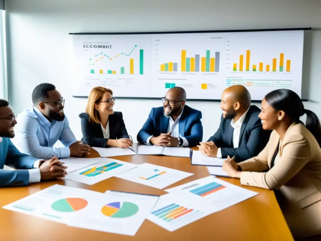 Equipo diverso discute estrategias económicas para ONGs, mostrando pasión y determinación en implementar modelos de economía solidaria