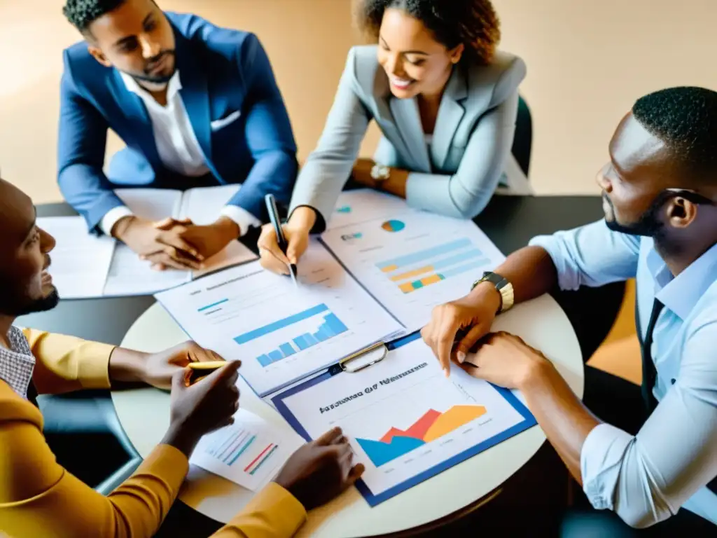 Equipo diverso de una ONG discute estrategias para la gestión efectiva de activos