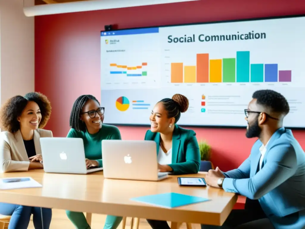 Equipo diverso colaborando en estrategias de comunicación efectiva en redes sociales para ONGs, rodeados de luz natural y gráficos coloridos