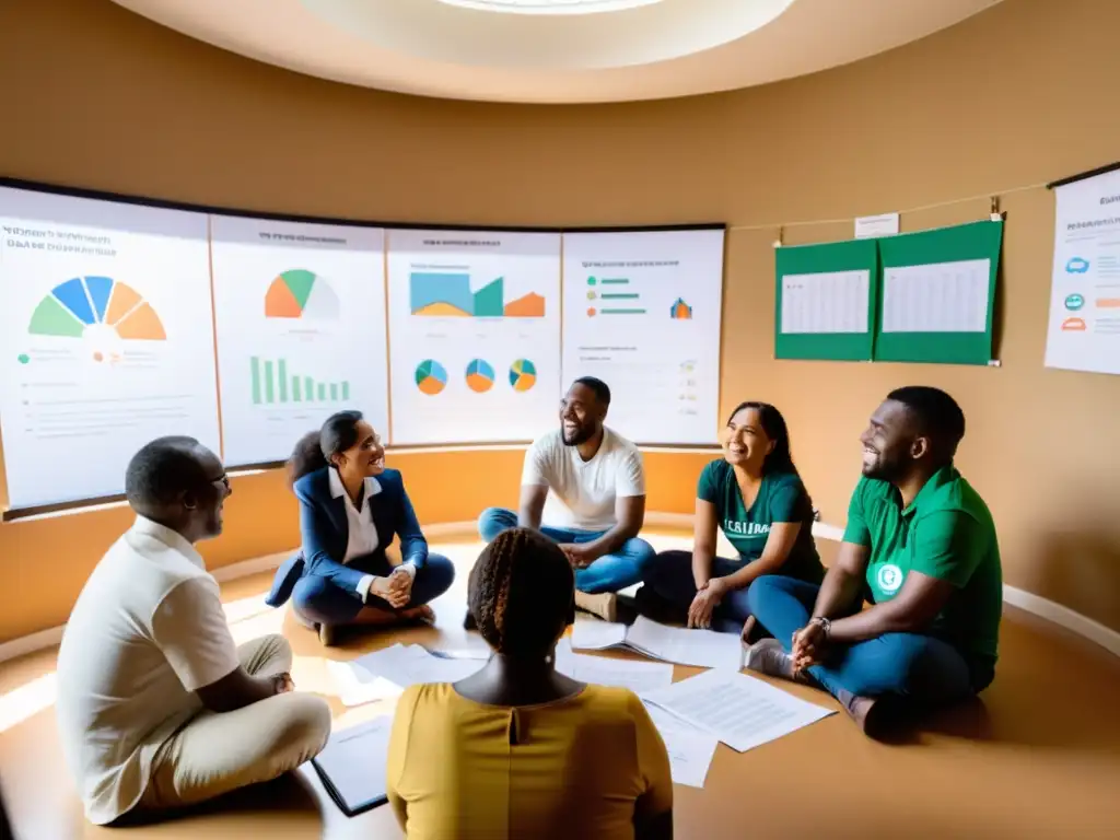 Equipo diverso de una ONG discute estrategias de comunicación para ONG, con determinación y empatía reflejadas en sus rostros