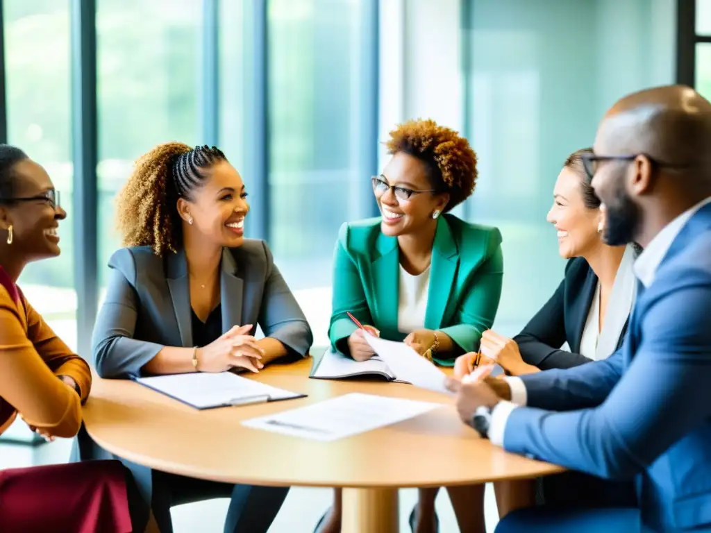 Equipo diverso discute estrategias atracción talento ONG con entusiasmo y determinación en ambiente colaborativo