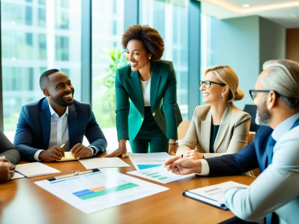 Un equipo diverso colabora en estrategias de inversión responsable para ONGs sostenibles en una moderna sala de conferencias