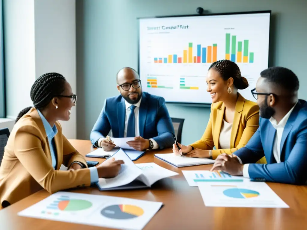 Un equipo diverso discute estrategias de inversión para ONG