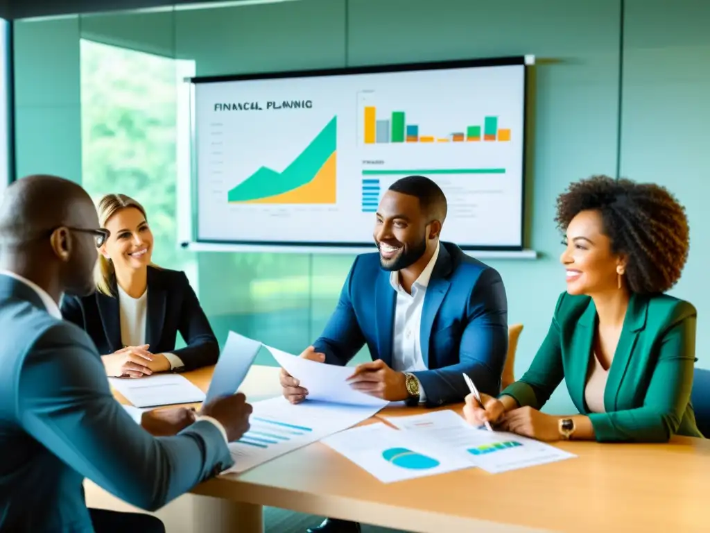 Equipo diverso discute planificación financiera para ONG en sala luminosa, reflejando inspiración y trabajo en equipo