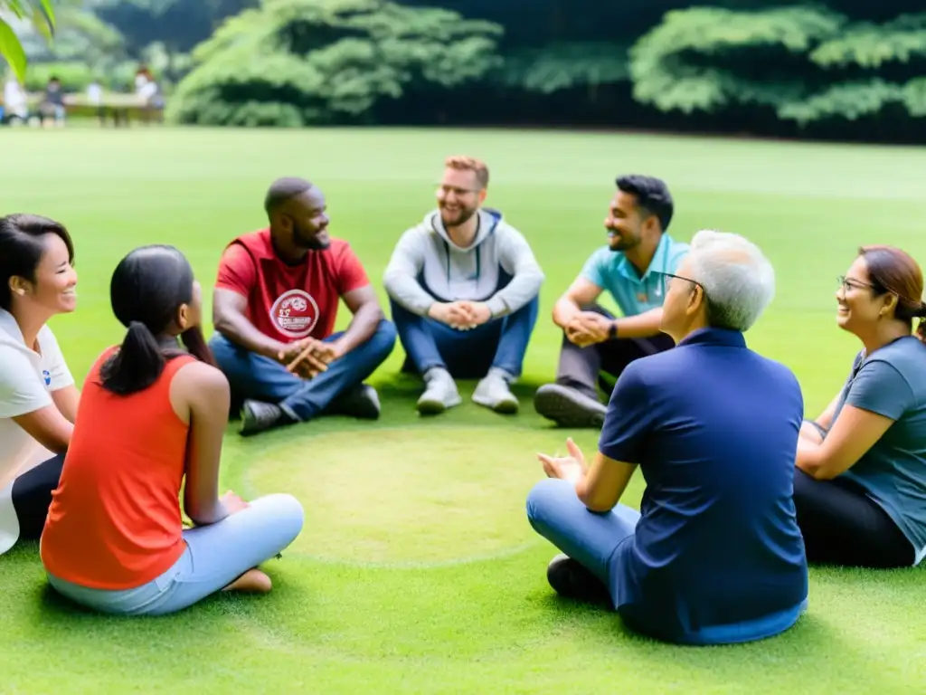 Equipo diverso de una ONG comparte ideas y colabora en la naturaleza, reflejando la importancia de la cultura organizacional en las ONGs