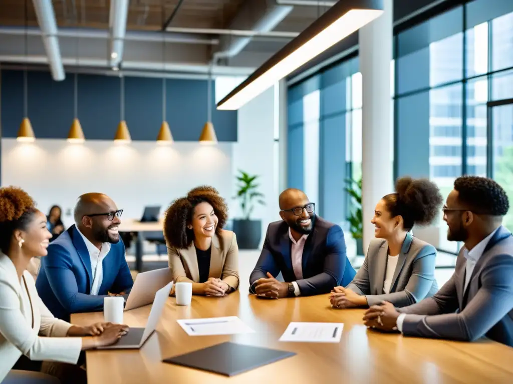 Un equipo diverso colabora y comparte ideas en una oficina moderna, reflejando determinación y propósito