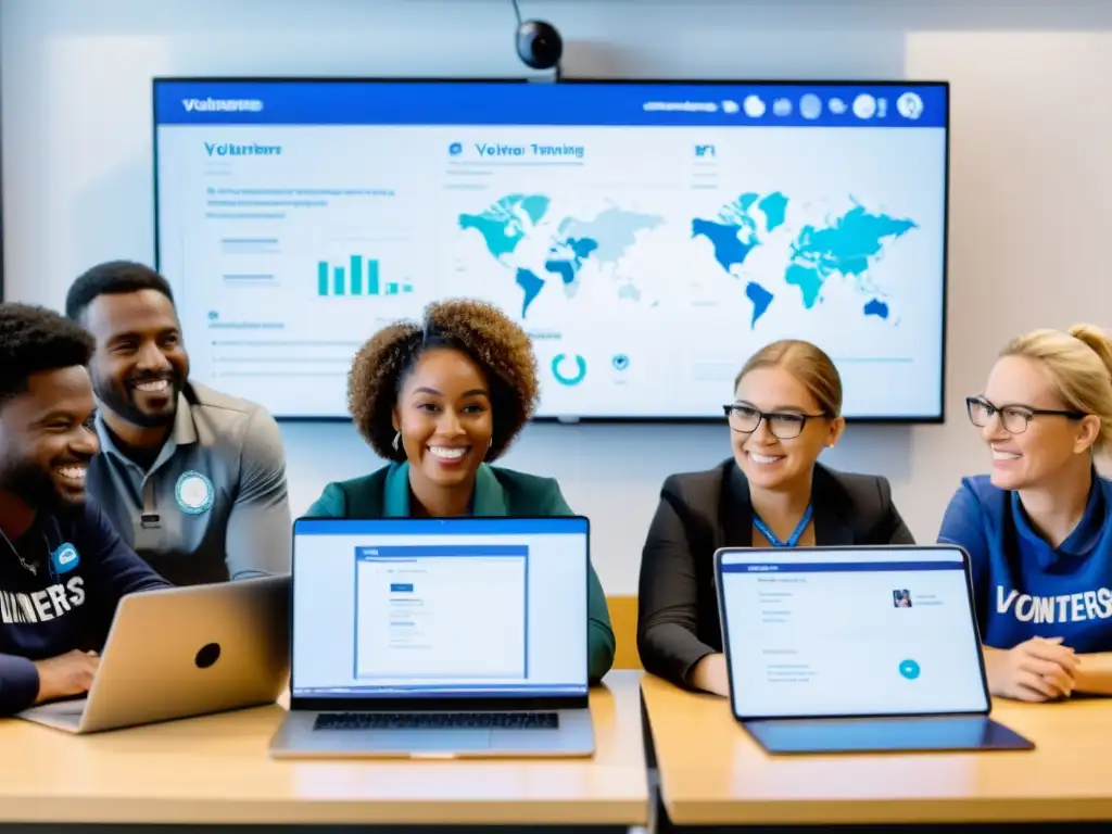 Equipo diverso participa con intensidad en capacitación equipos voluntarios online, colaborando en un aula virtual