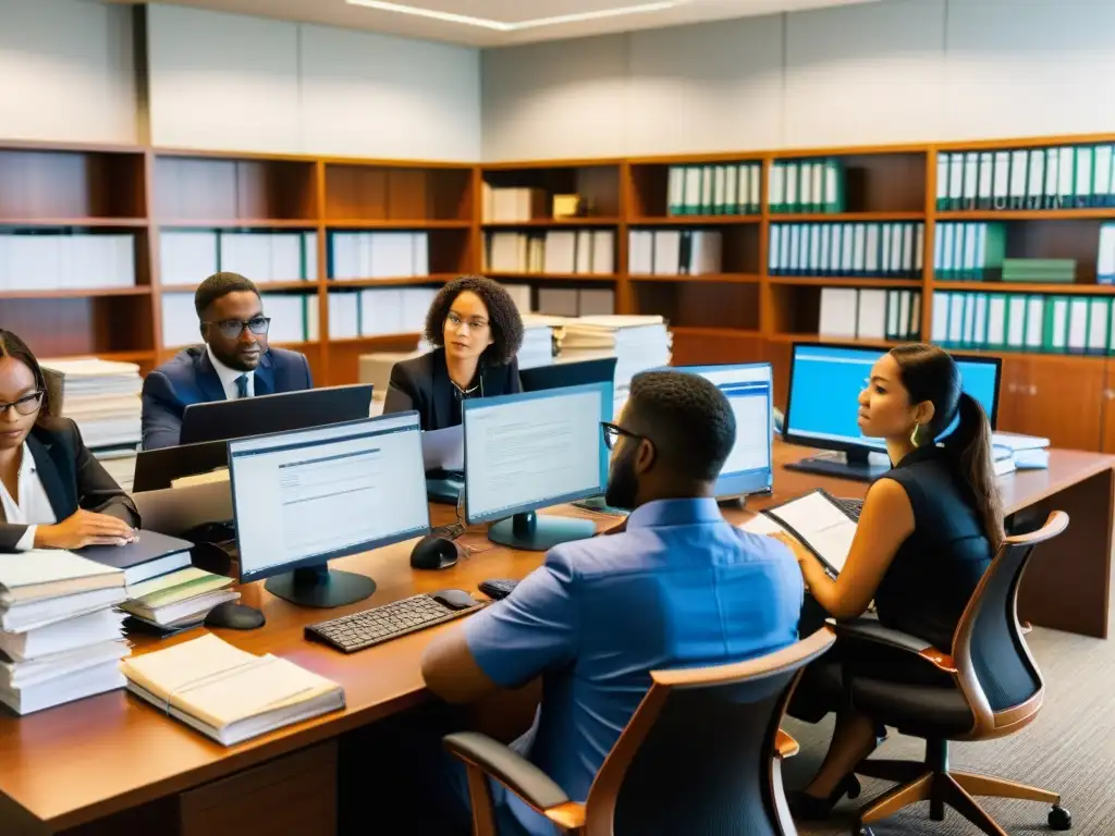 Equipo diverso trabajando en legislación internacional para ONG en oficina dinámica y colaborativa