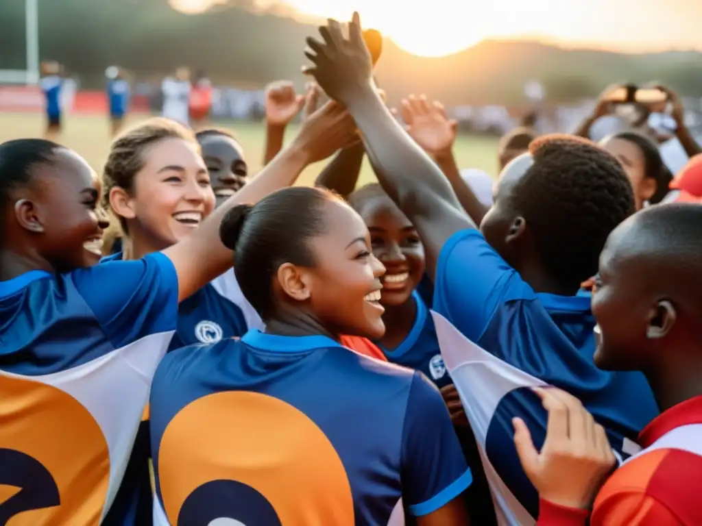 Equipo diverso de jóvenes atletas celebrando tras juego exitoso, con voluntarios y seguidores aplaudiendo