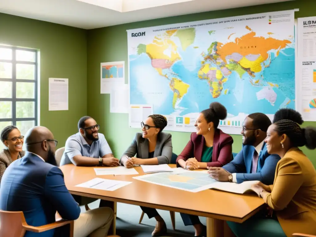 Equipo diverso discutiendo metodologías de evaluación de impacto social, con determinación y entusiasmo