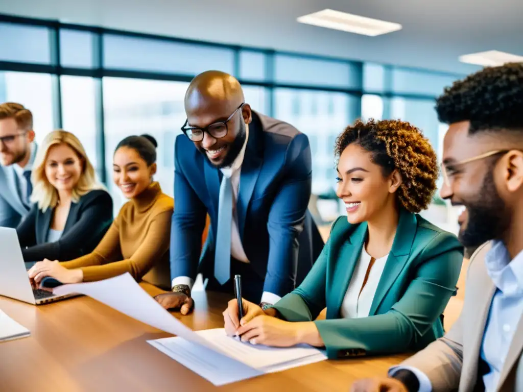 Un equipo diverso colabora con determinación en una oficina